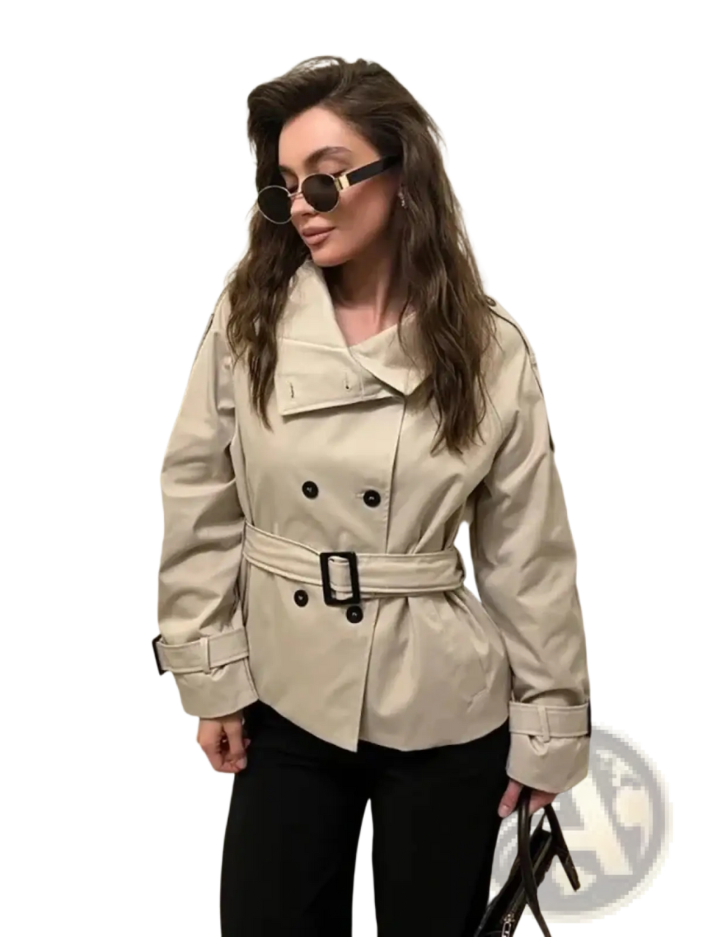 Beige belted trench coat for women with black buttons and double breasted vintage style jacket design