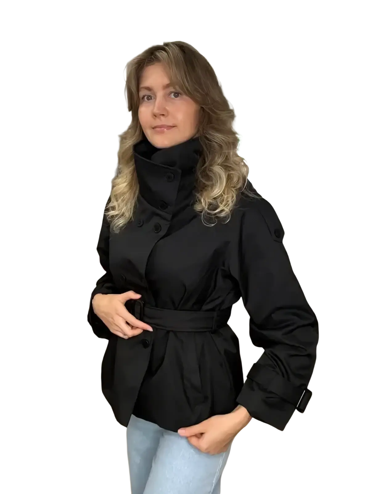 Black belted trench coat women vintage double breasted jacket with high collar and buttoned front design