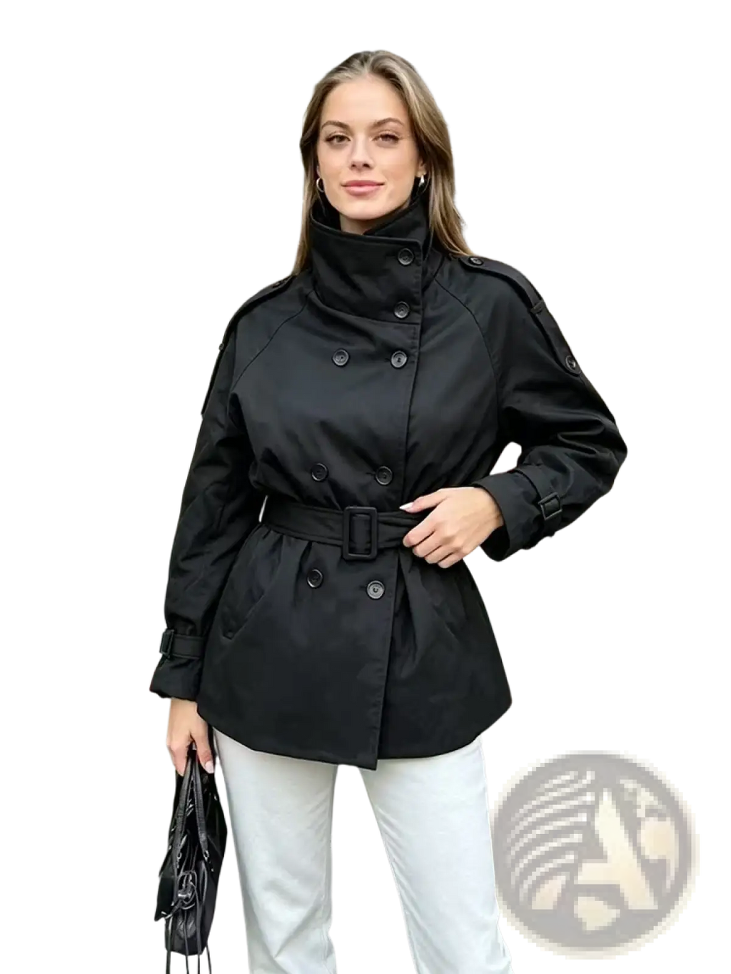 Black vintage double breasted belted trench coat for women with high collar and tailored waist detail