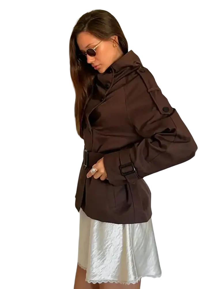 Brown belted trench coat women vintage double breasted jacket with flap pockets and a belted waist