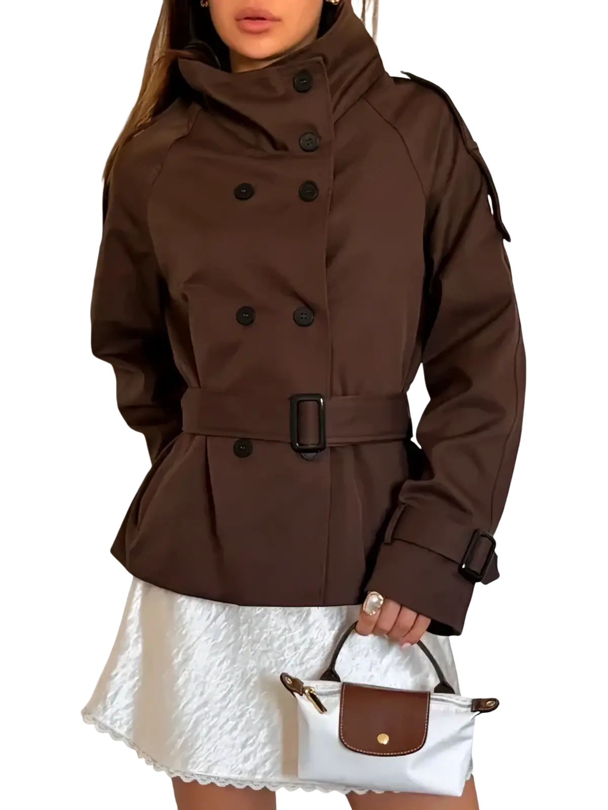 Brown double breasted trench coat for women with black buttons belt high collar and epaulets vintage style