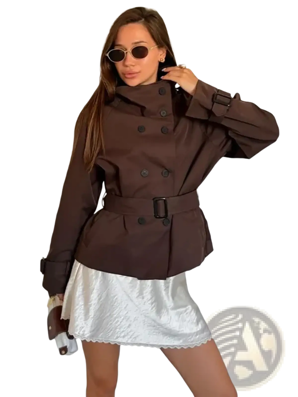 Brown vintage double breasted trench coat with black buttons and belted waist for women in a classic design