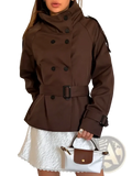 Brown double breasted trench coat for women with black buttons belt high collar and epaulets vintage style