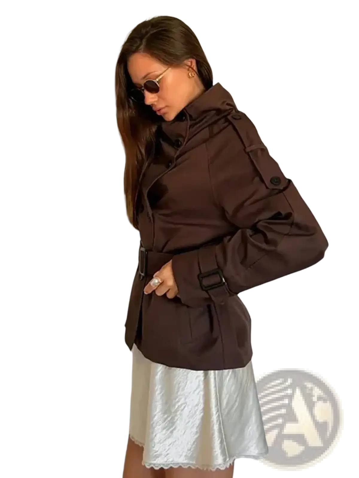 Brown belted trench coat women vintage double breasted jacket with flap pockets and a belted waist