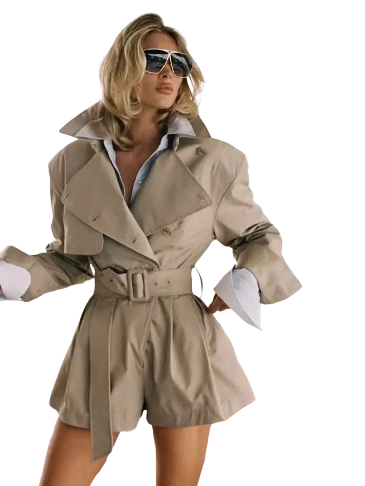 Beige belted trench coat with rolled-up sleeves designed as an elegant evening jumpsuit for women
