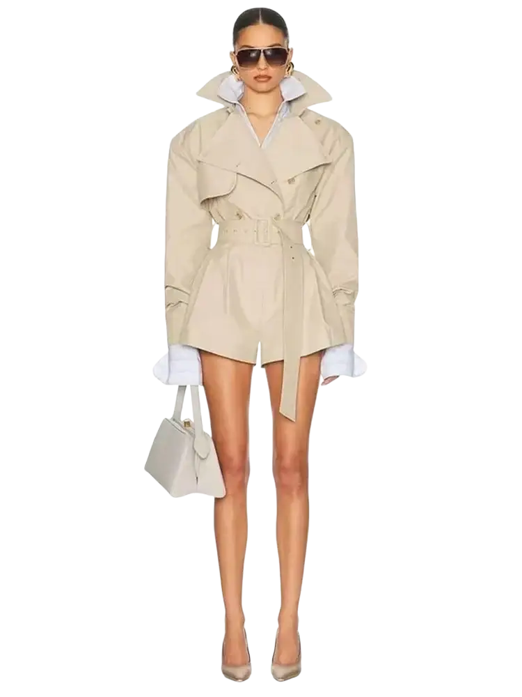 Beige belted trench jumpsuit for women with wide collar and long sleeves for elegant evening wear