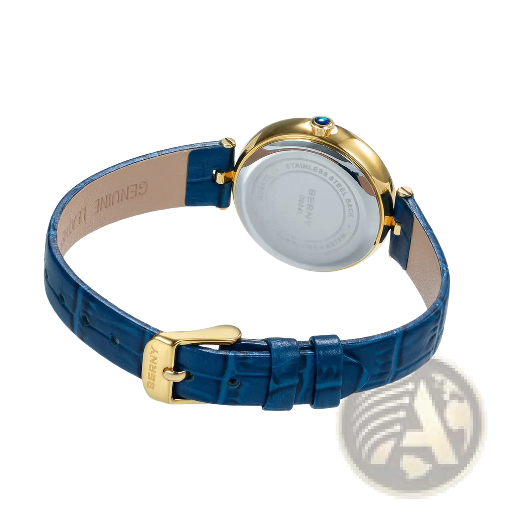 Berny women luxury quartz leather dress watch with blue crocodile strap gold-tone case and blue gemstone crown accent