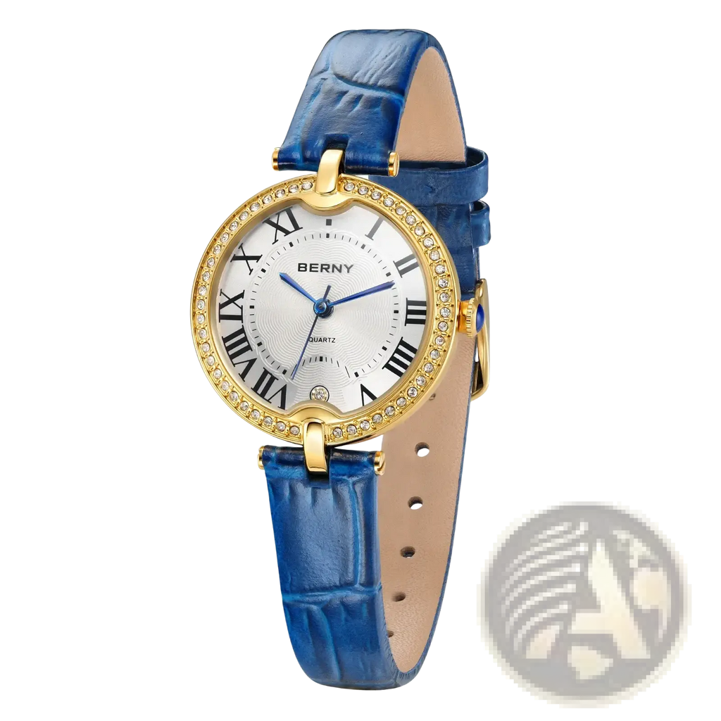 Berny women luxury quartz leather dress watch with blue crocodile strap gold crystal case and roman numerals dial