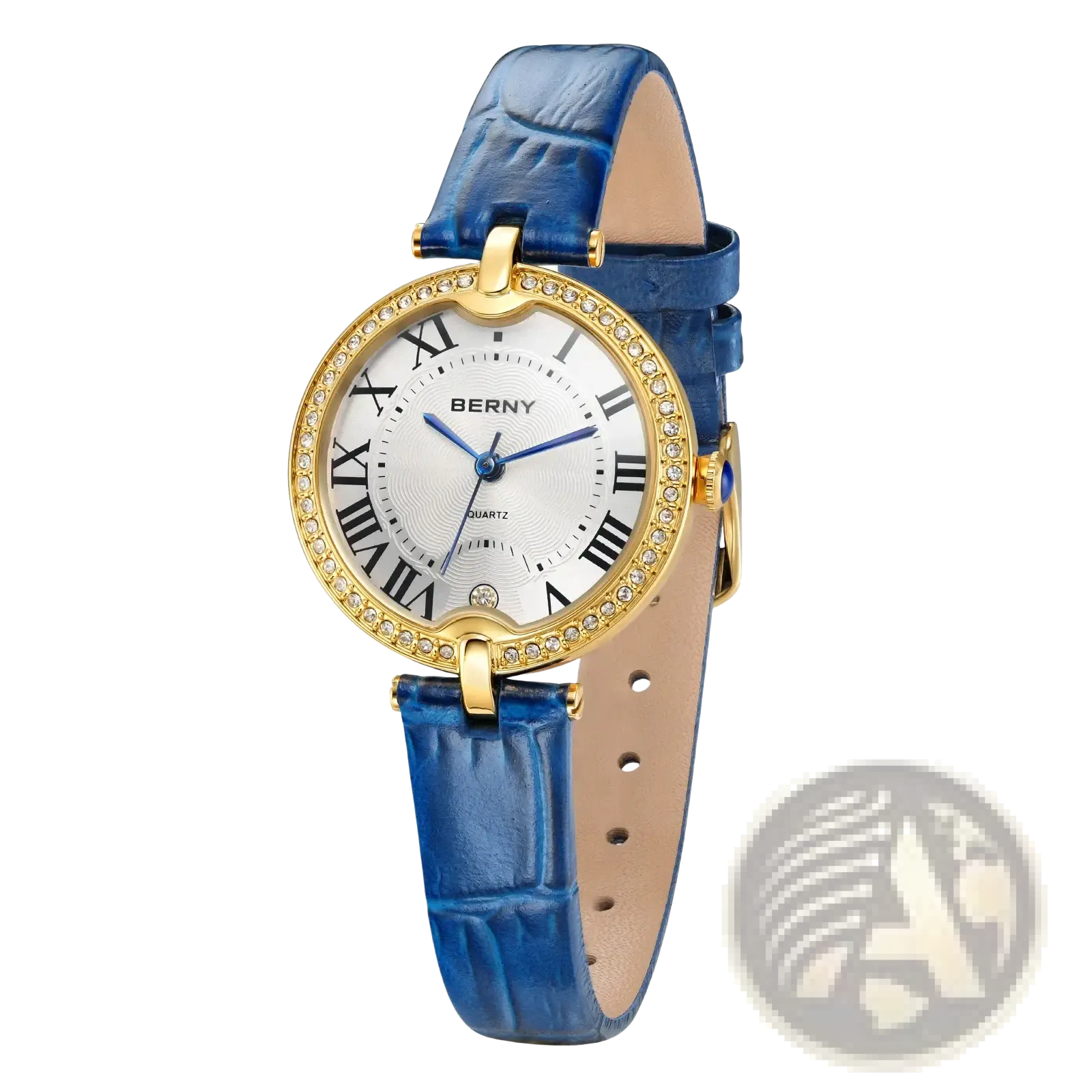 Berny women luxury quartz leather dress watch with blue crocodile strap gold crystal case and roman numerals dial