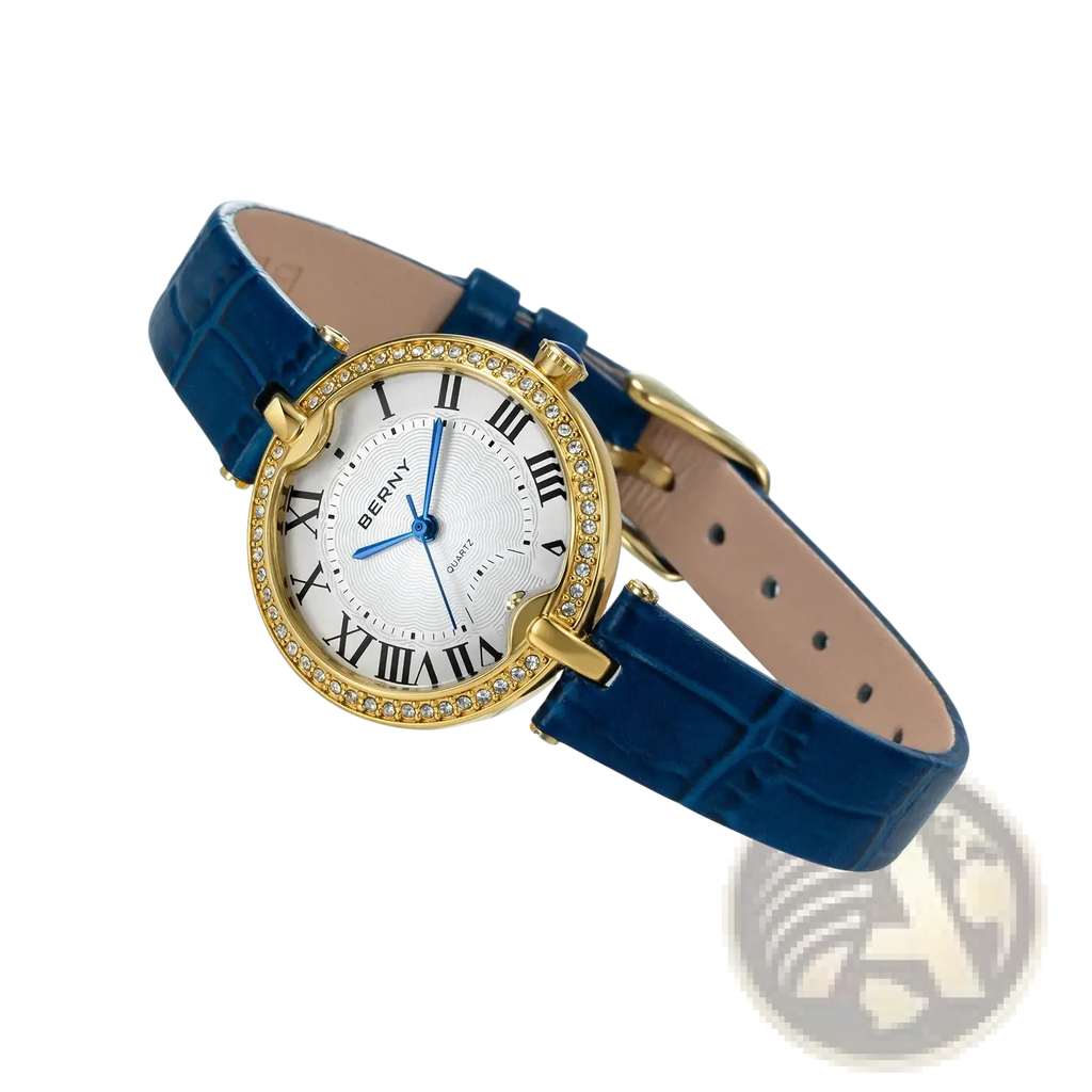 Berny women luxury quartz leather dress watch with blue crocodile-pattern strap and gold-tone crystal case