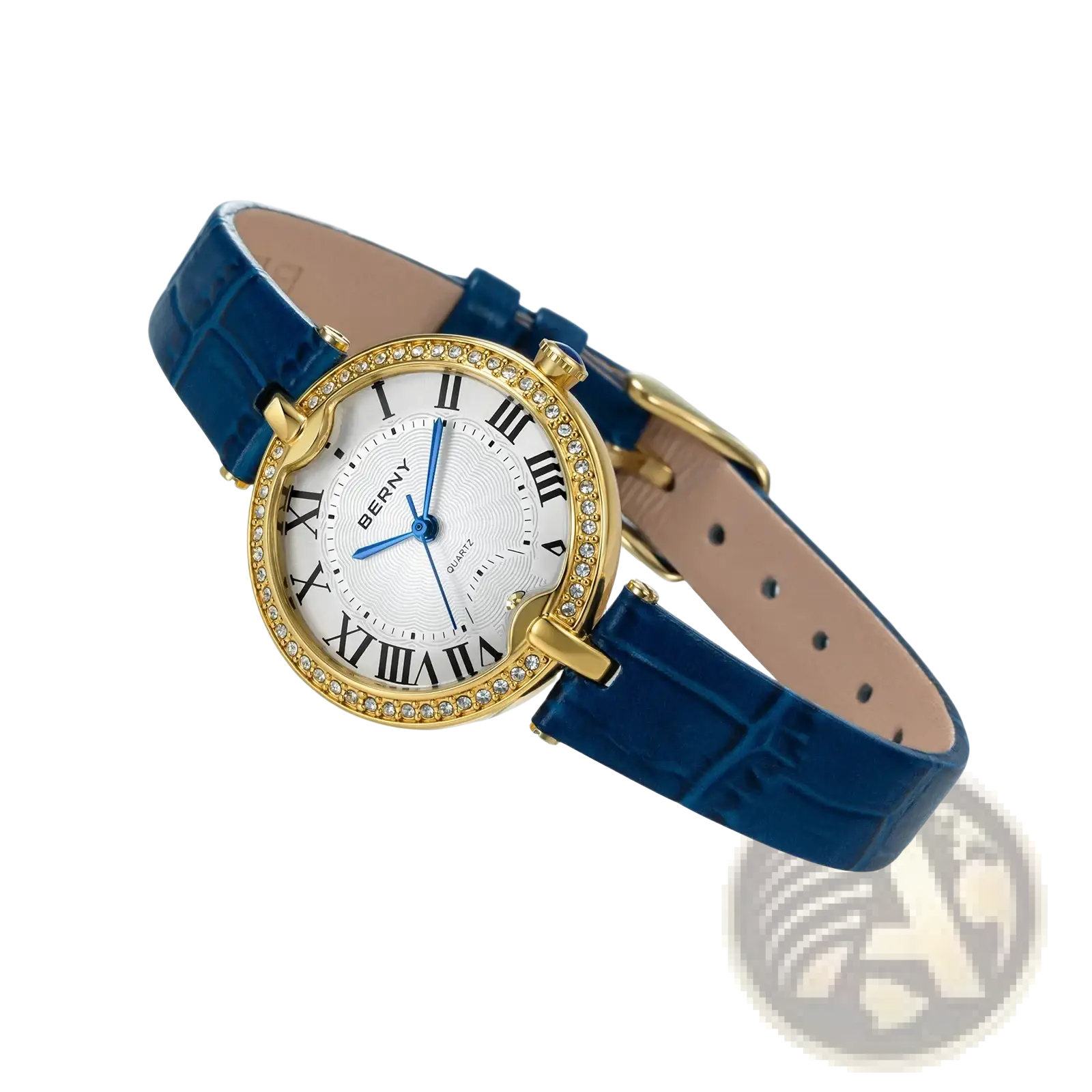 Berny women luxury quartz leather dress watch with blue crocodile-pattern strap and gold-tone crystal case