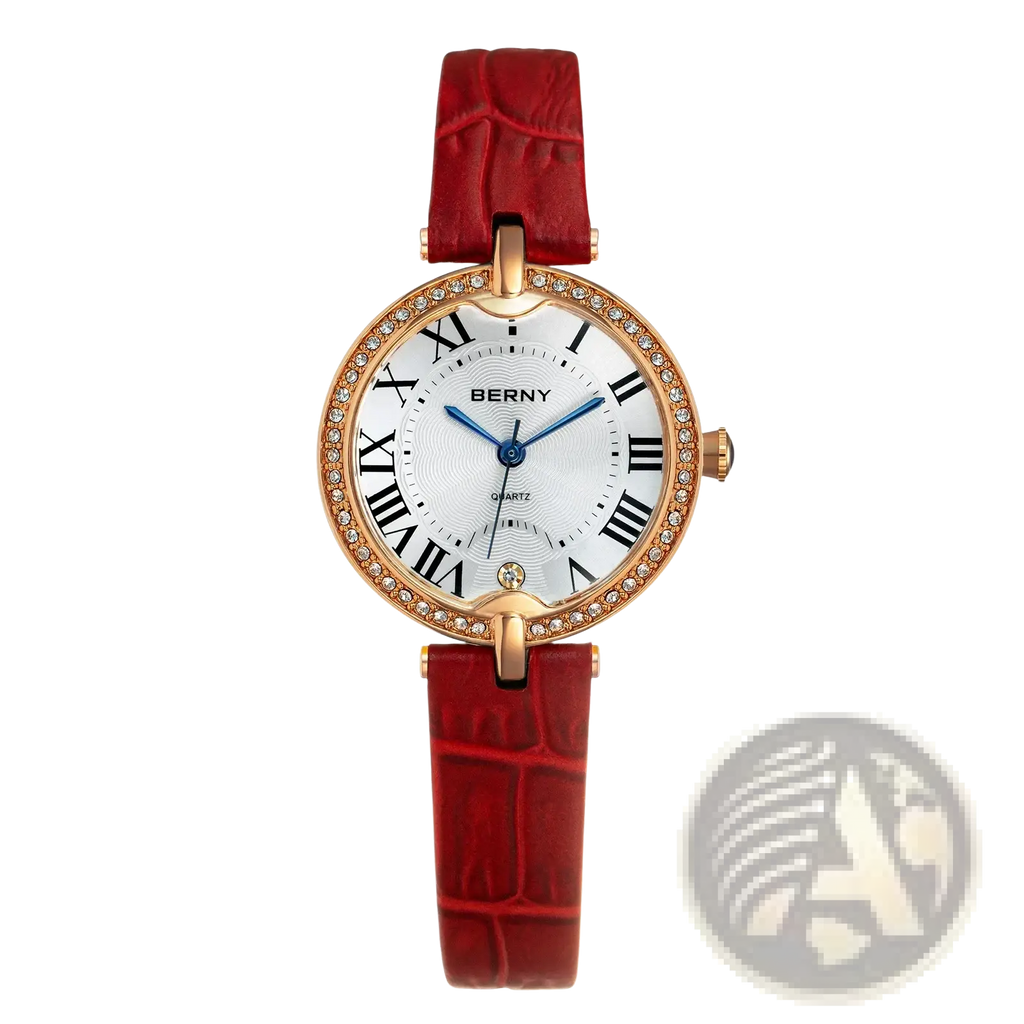 Berny women luxury quartz leather dress watch featuring a red crocodile-patterned strap and rose gold crystal case