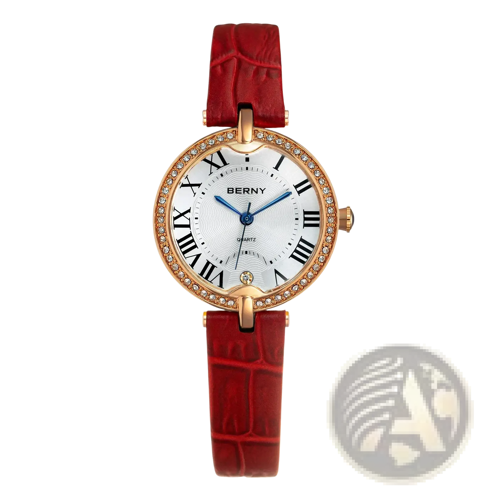 Berny women luxury quartz leather dress watch featuring a red crocodile-patterned strap and rose gold crystal case