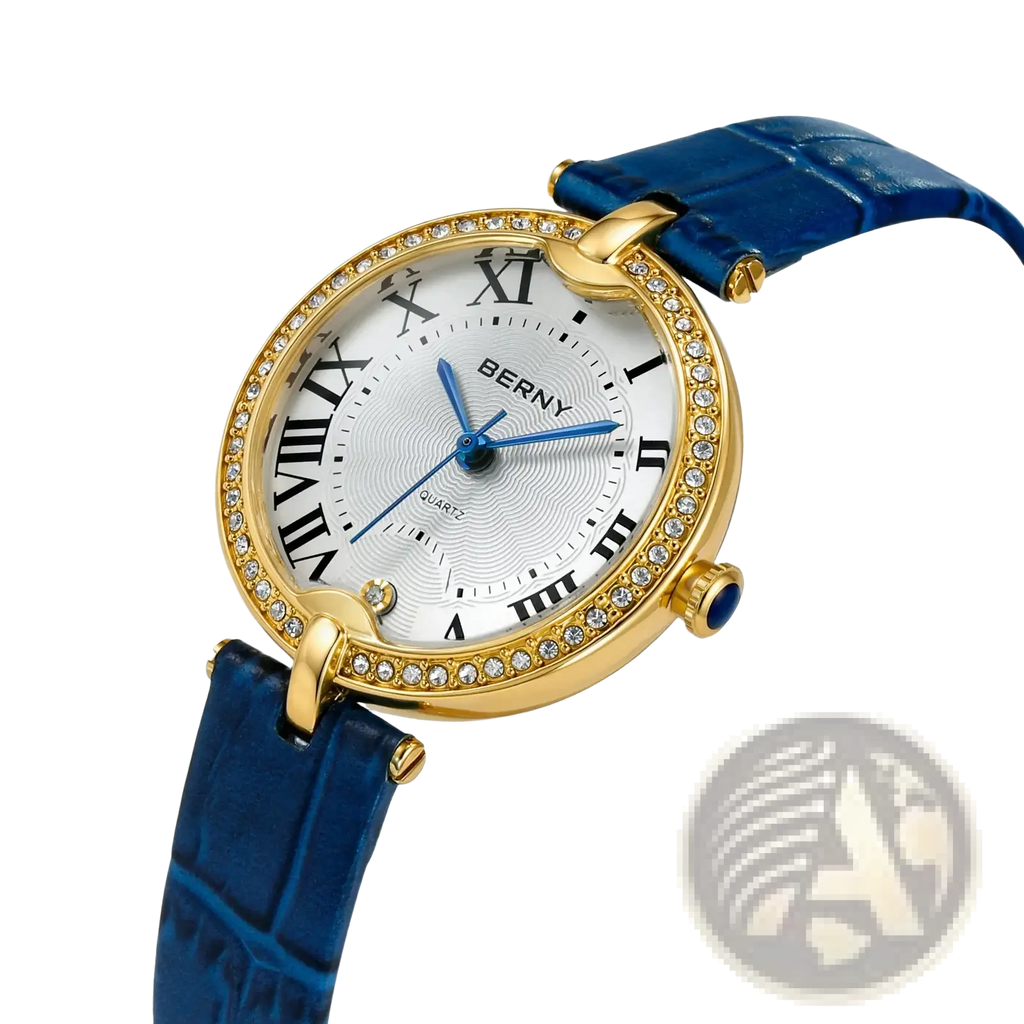 Berny women luxury quartz leather dress watch with gold-tone diamond case silver dial and blue crocodile leather strap