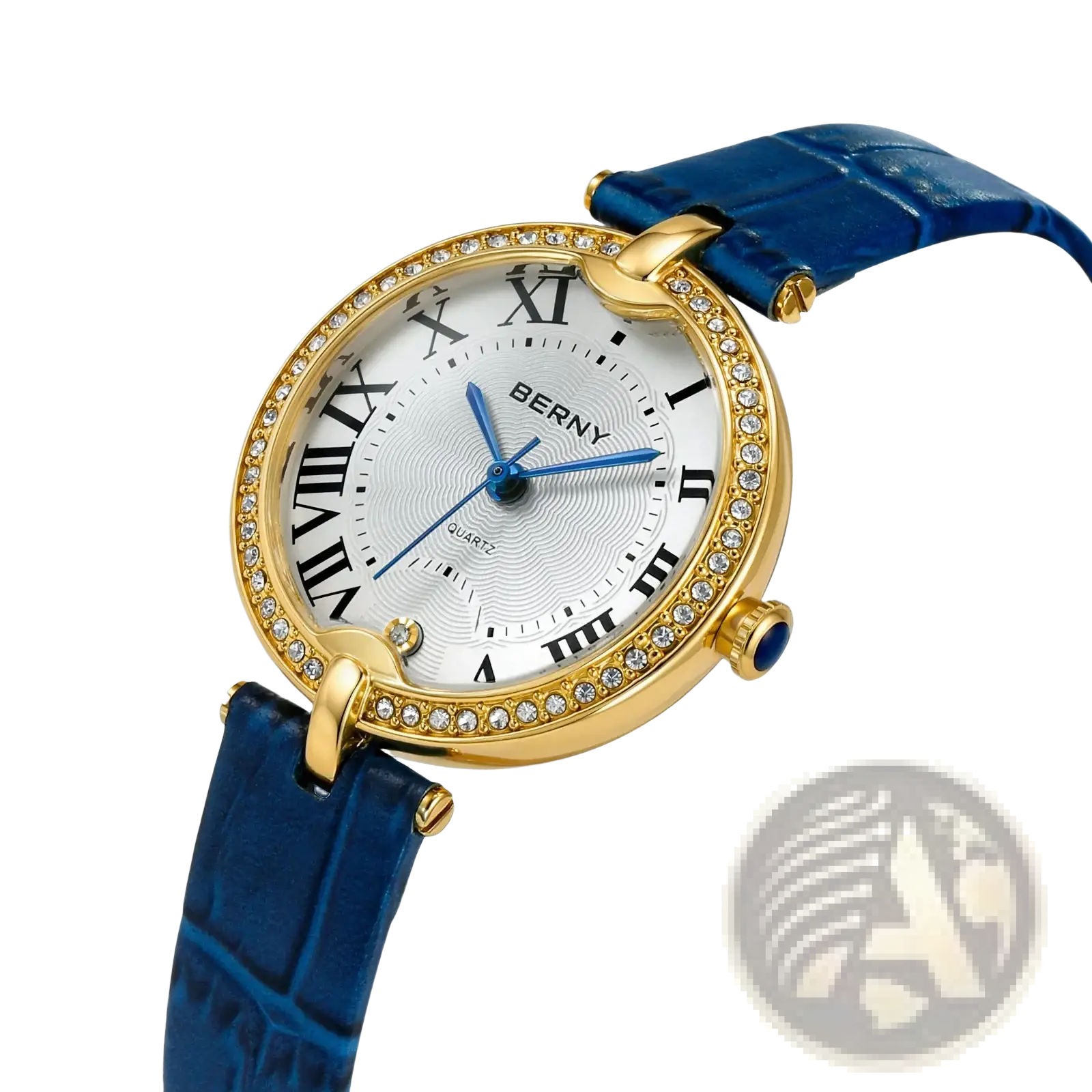 Berny women luxury quartz leather dress watch with gold-tone diamond case silver dial and blue crocodile leather strap