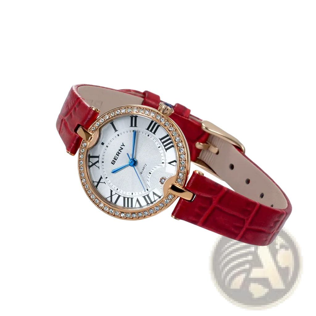 Berny women luxury quartz leather dress watch with red crocodile strap gold-tone case and crystal bezel