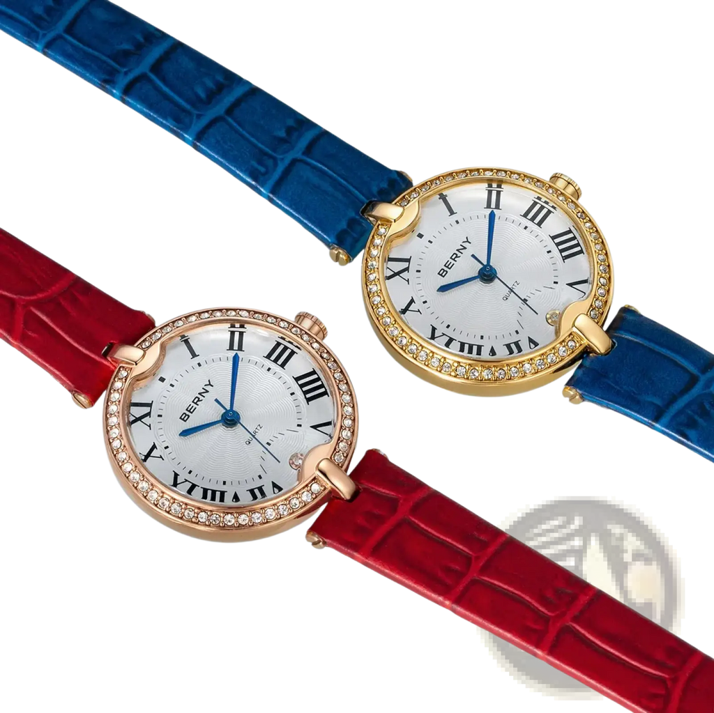 Two berny women luxury quartz leather dress watches with red and blue crocodile straps and crystal encrusted gold casings
