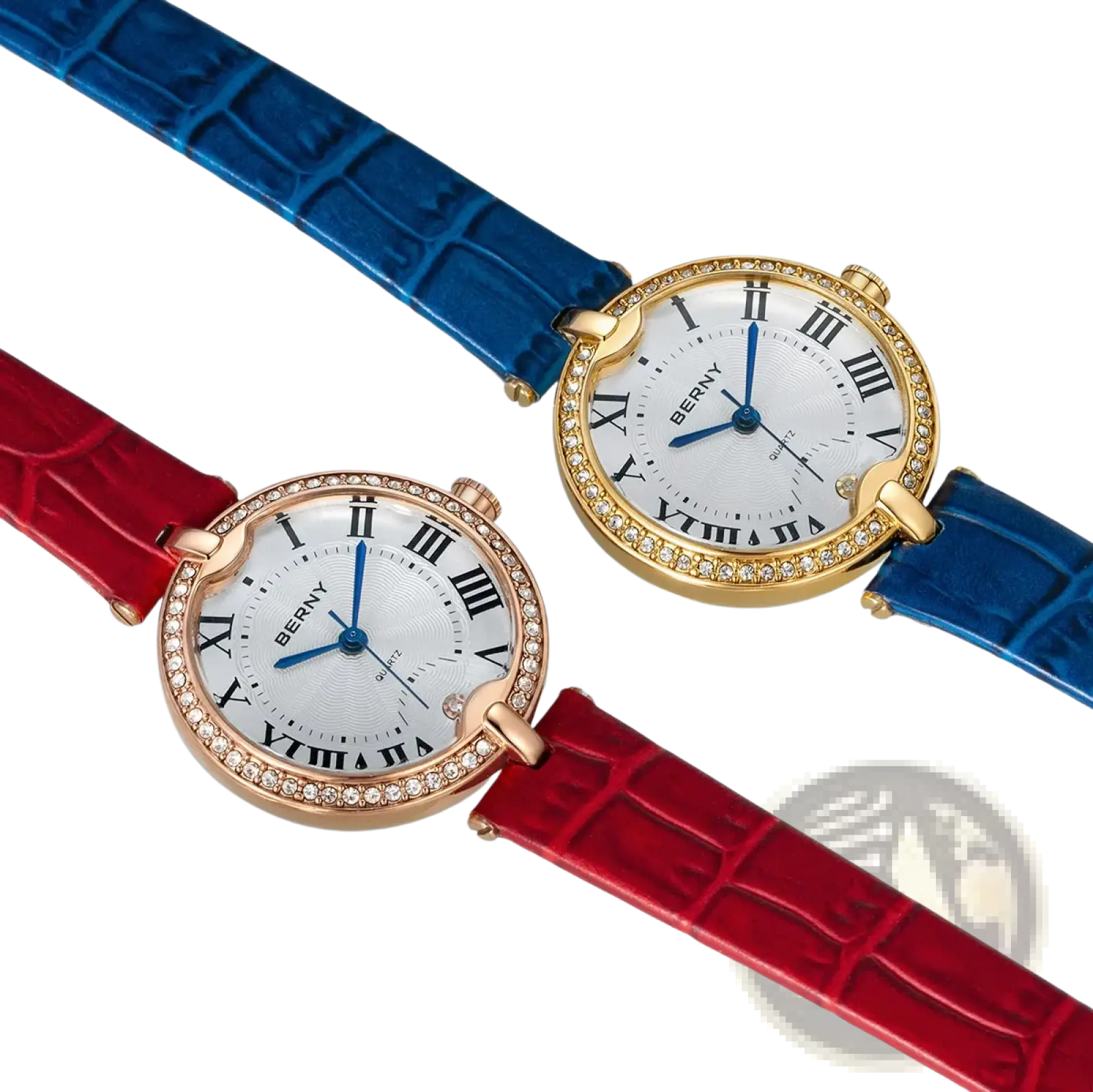 Two berny women luxury quartz leather dress watches with red and blue crocodile straps and crystal encrusted gold casings