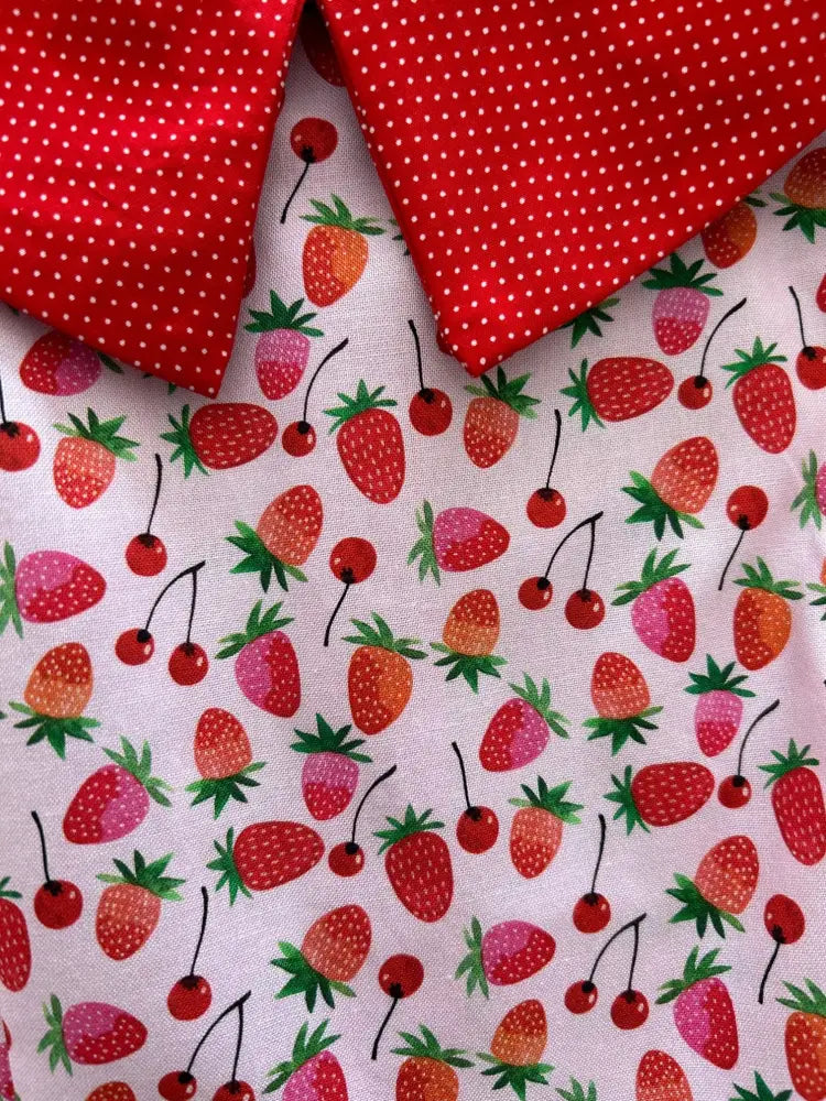 Red and white polka dot cotton dress collar with strawberry and cherry print from berry cherry retro dress with pockets