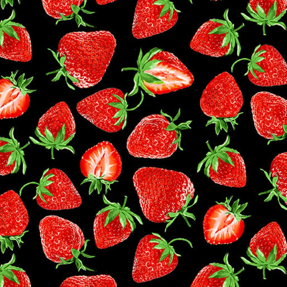 Red strawberries with green stems and leaves arranged on black background for berry good strawberry face mask design