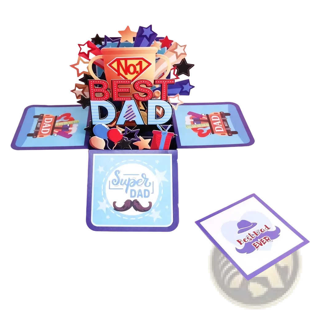 Best dad 3d pop up father’s day greeting card with colorful trophy stars balloons gift boxes and mustache designs