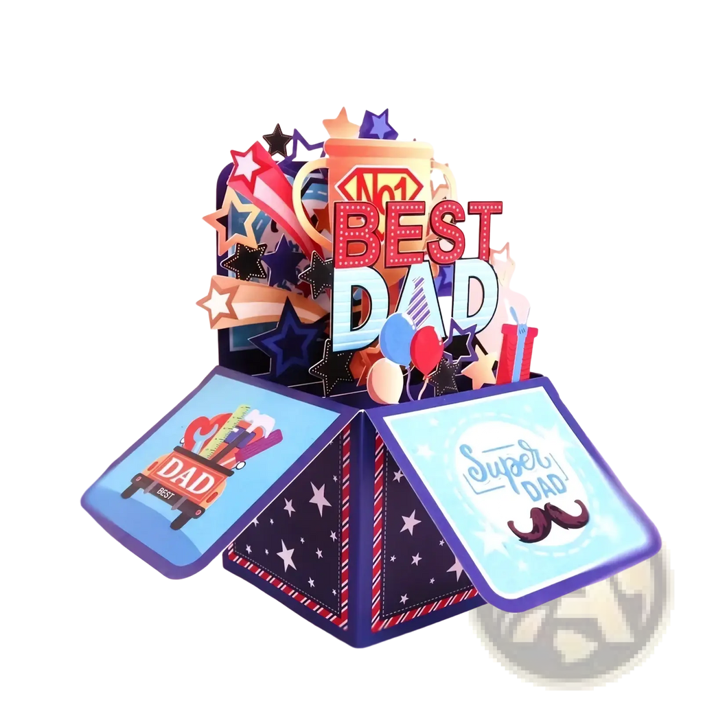 Best dad 3d pop up father’s day greeting card featuring colorful bold letters stars balloons and superhero emblem