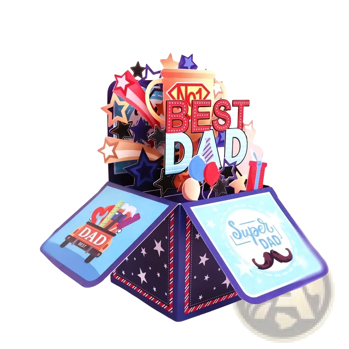 Best dad 3d pop up father’s day greeting card featuring colorful bold letters stars balloons and superhero emblem