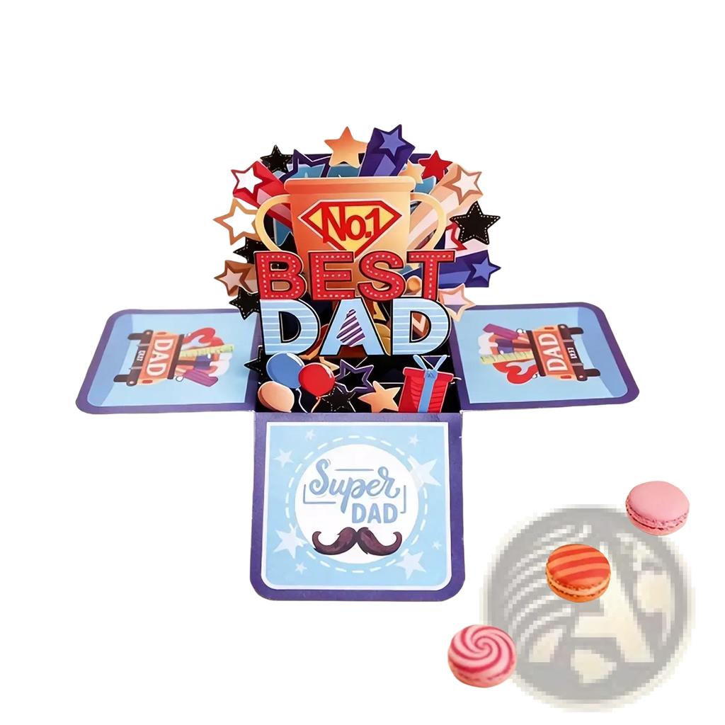 Best dad 3d pop up father’s day greeting card with bold red and blue letters and colorful stars and coffee cup design