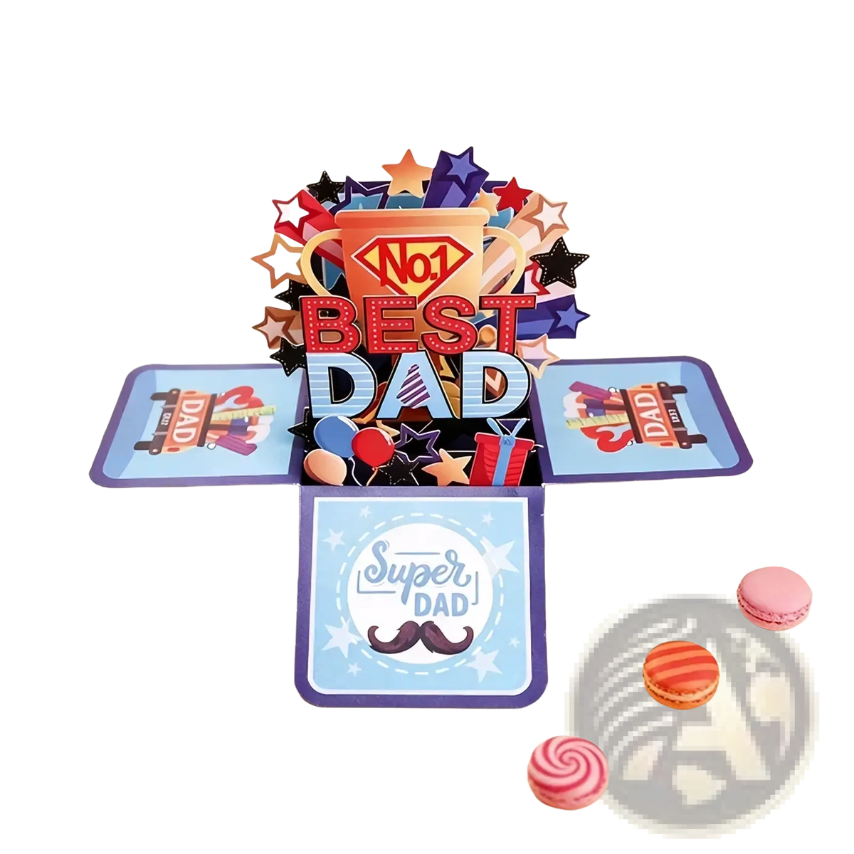 Best dad 3d pop up father’s day greeting card with bold red and blue letters and colorful stars and coffee cup design