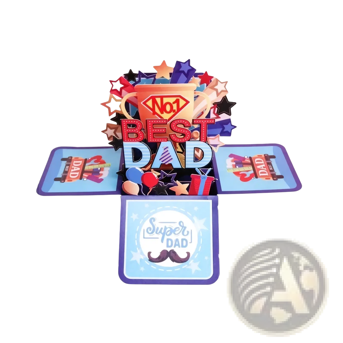 A colorful 3d pop up best dad father’s day greeting card with red and blue letters, stars, and coffee cup design