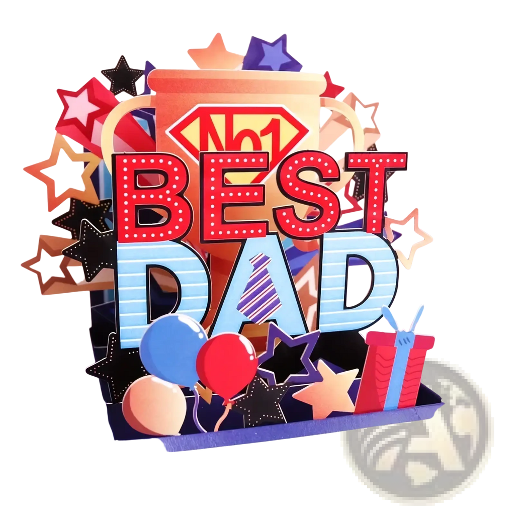 A vibrant 3d pop up card with bold red and blue best dad lettering in a superhero theme for fathers day