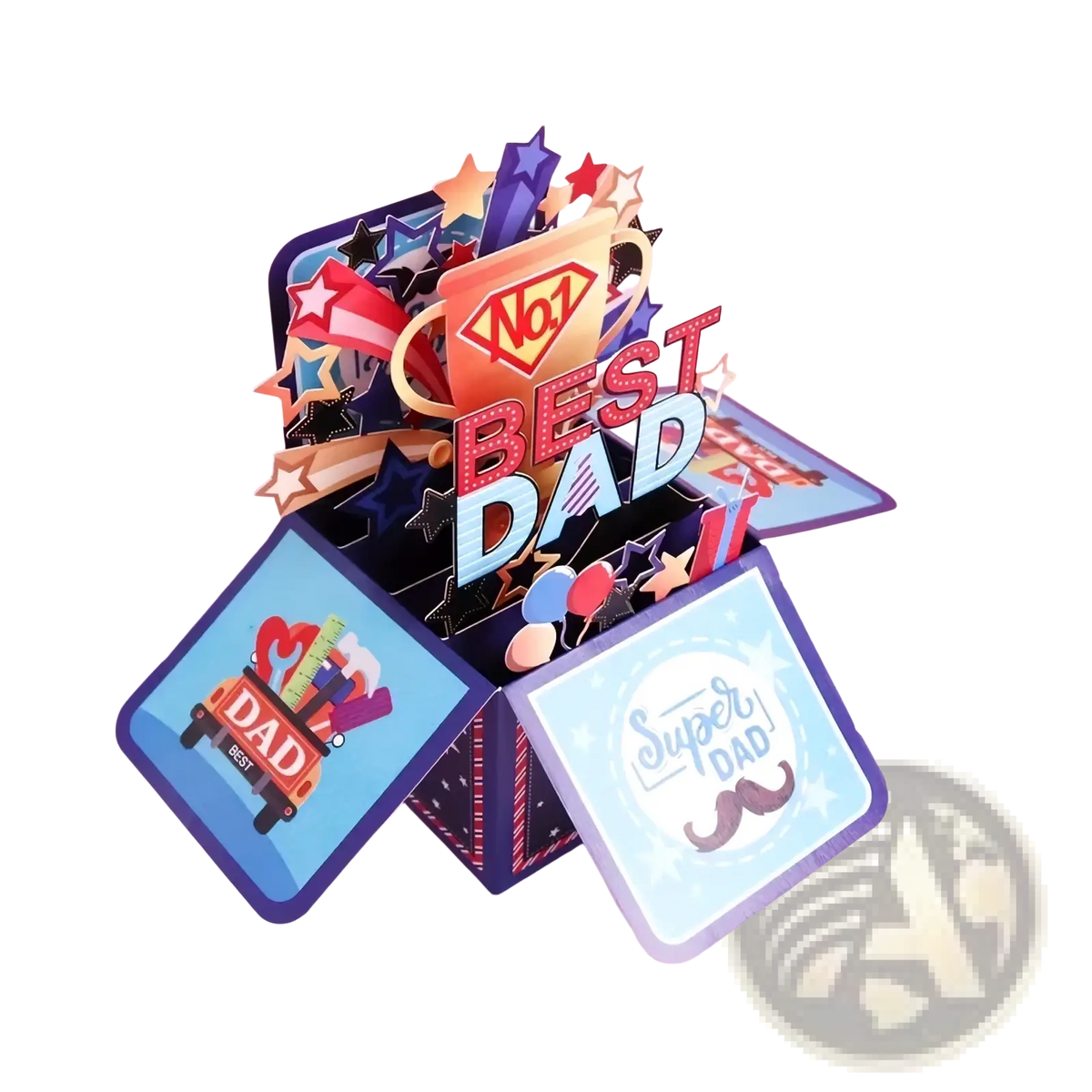 A vibrant three-dimensional best dad 3d pop up father’s day greeting card with bold red and blue lettering and stars