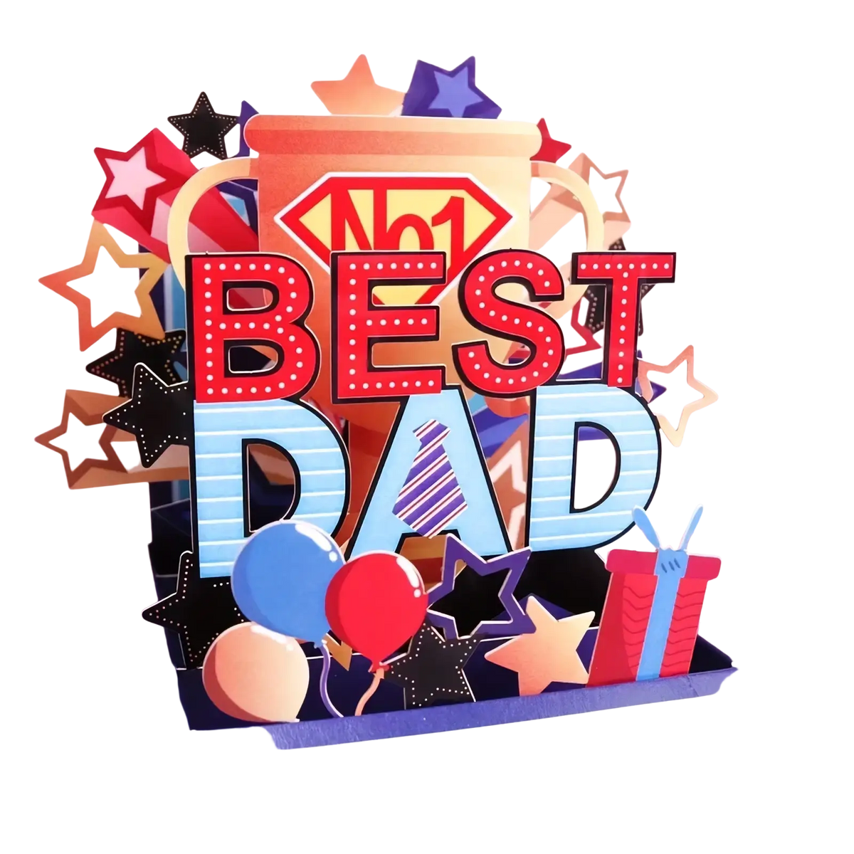 A vibrant 3d pop up card with bold red and blue best dad lettering in a superhero theme for fathers day