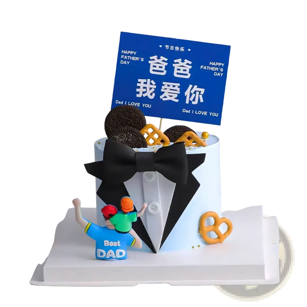 A light blue Best Dad superhero cake figurine decorated with a black bow tie, chocolate cookies, and pretzels for Father’s Day