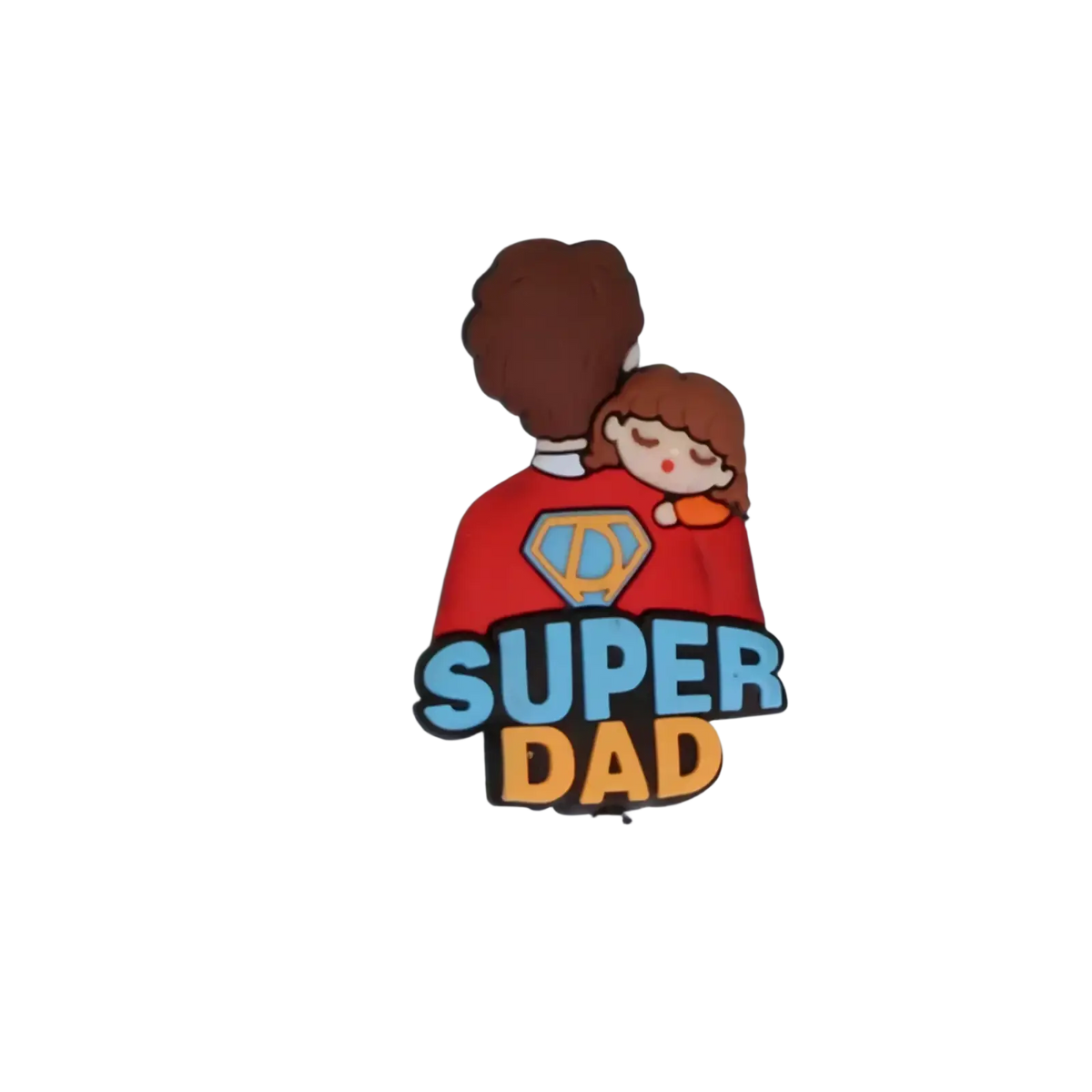 Red and blue super dad cake topper featuring a cartoon dad with afro holding child in superhero outfits for Father’s Day