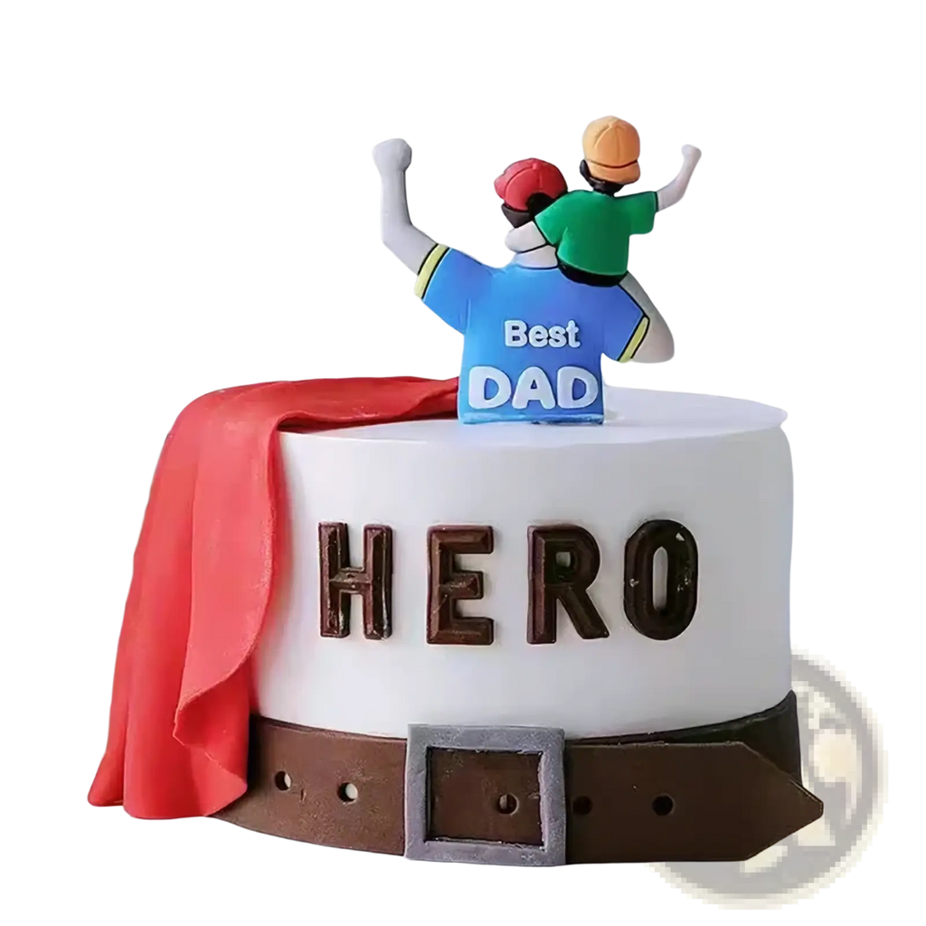 White cake with chocolate hero lettering red fondant cape blue best dad topper and two construction hat figurines for father’s day