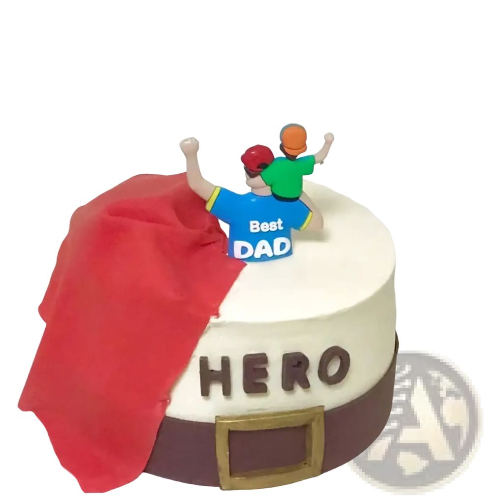 Best dad superhero cake figurine decorated with white cake, red cape, brown belt for fathers day celebration