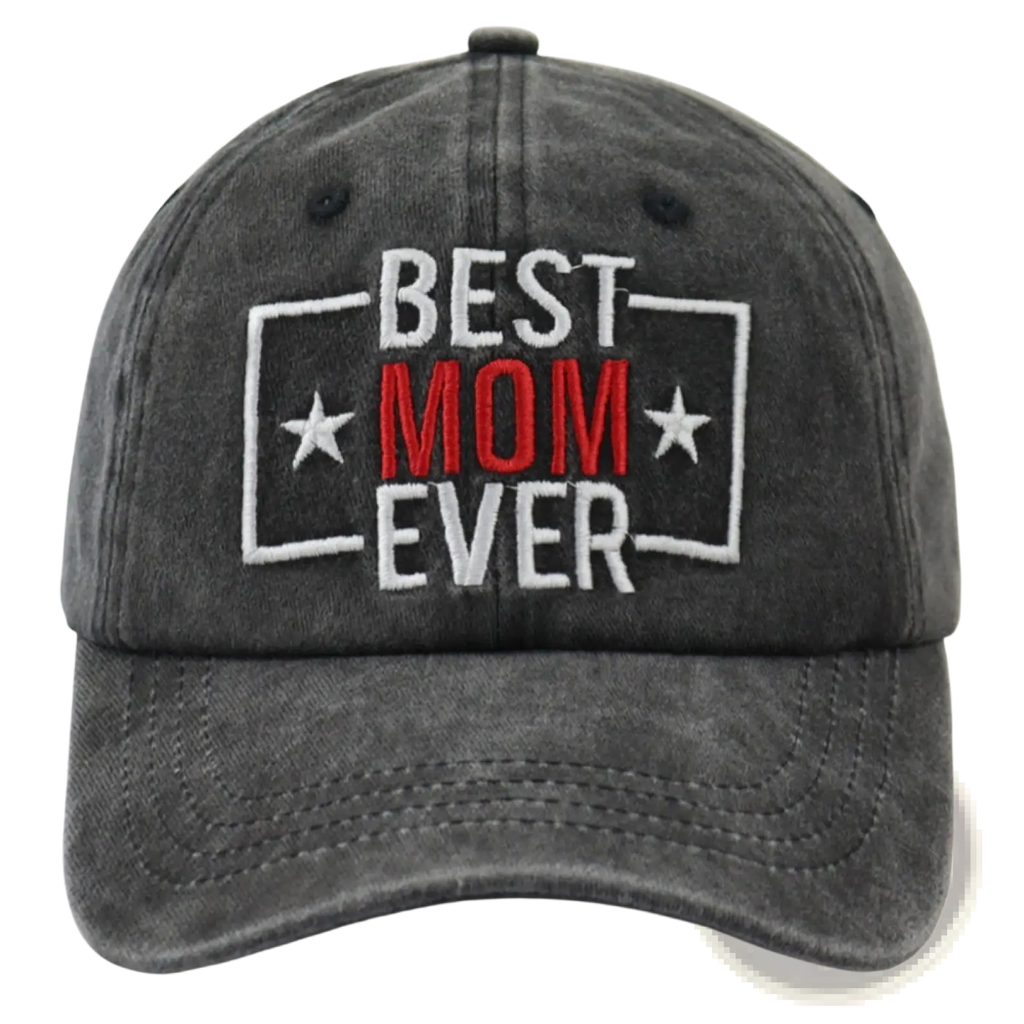 A dark gray distressed cotton baseball cap embroidered with best mom ever text and two white stars