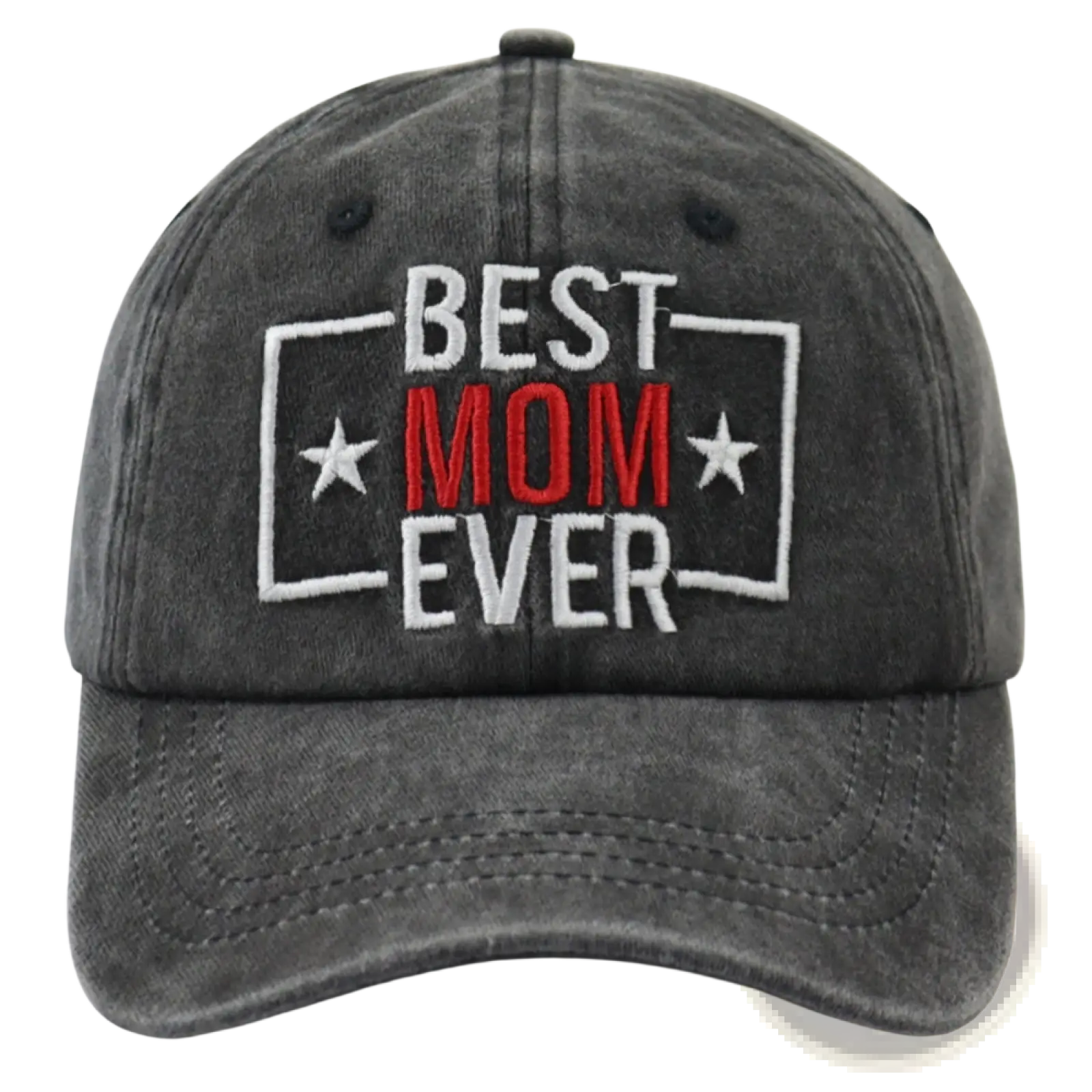 A dark gray distressed cotton baseball cap embroidered with best mom ever text and two white stars