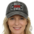 A dark gray distressed cotton baseball cap with best mom ever embroidered in white and red with stars and a rectangular outline