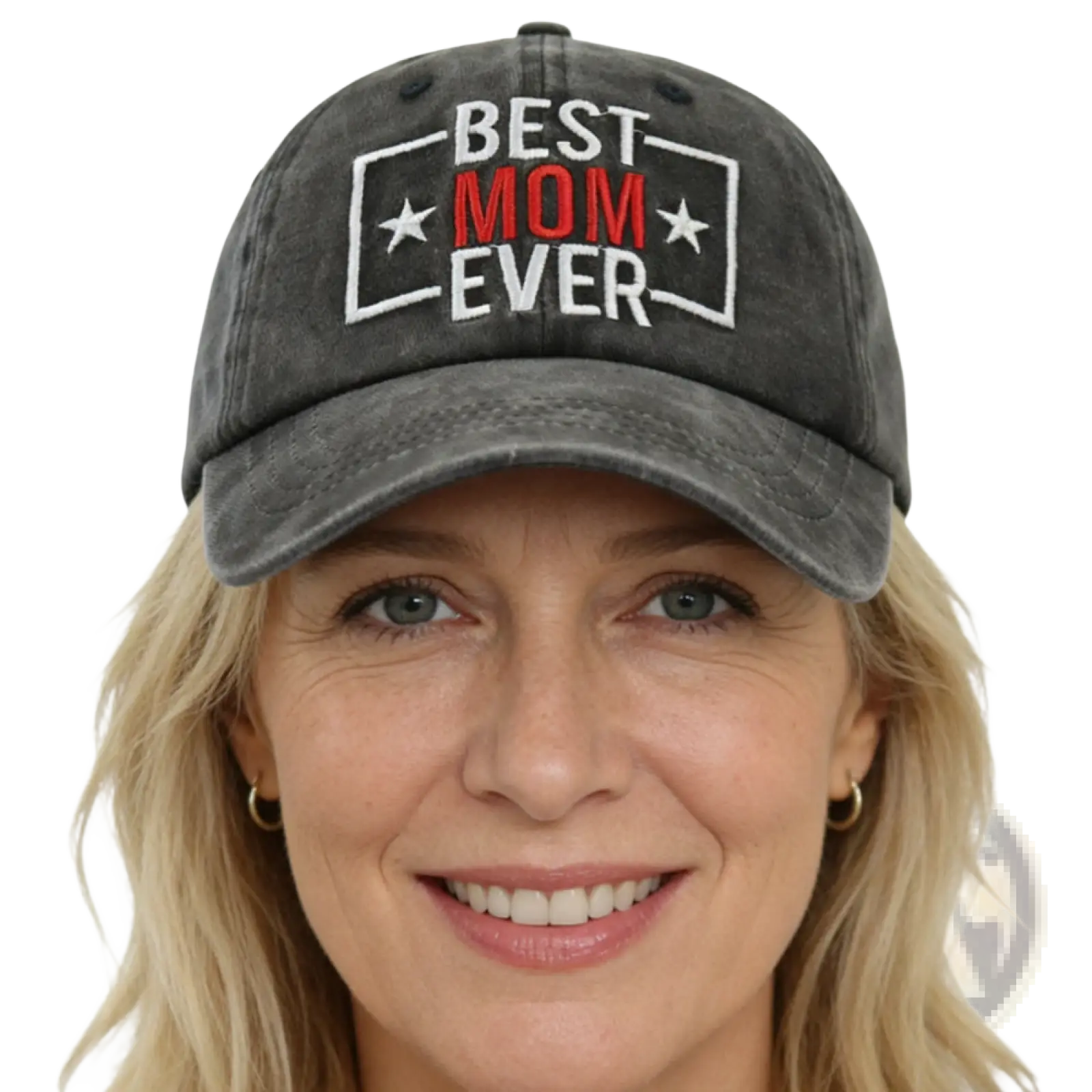 A dark gray distressed cotton baseball cap with best mom ever embroidered in white and red with stars and a rectangular outline