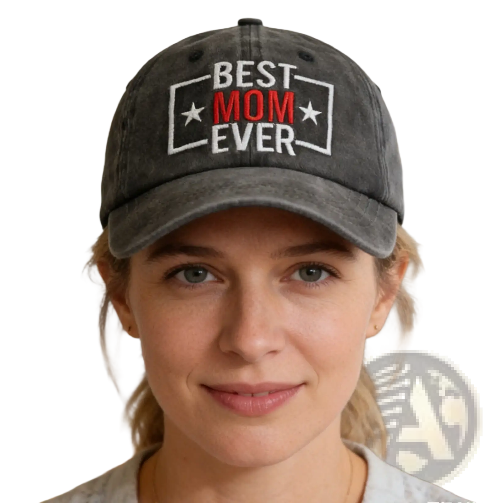 A dark gray distressed cotton baseball cap with best mom ever embroidered in white and red framed lettering