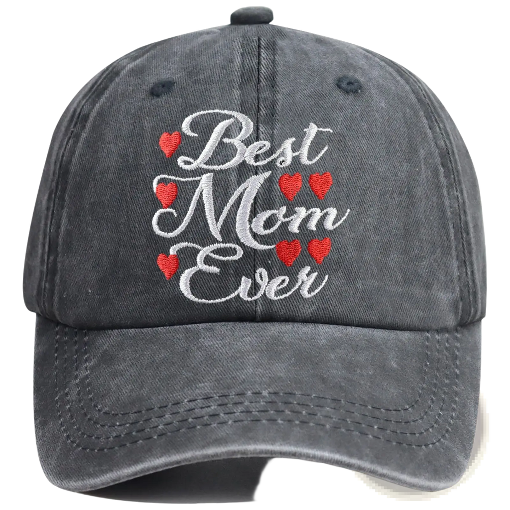 Dark gray distressed denim baseball cap embroidered with best mom ever in white script and red hearts