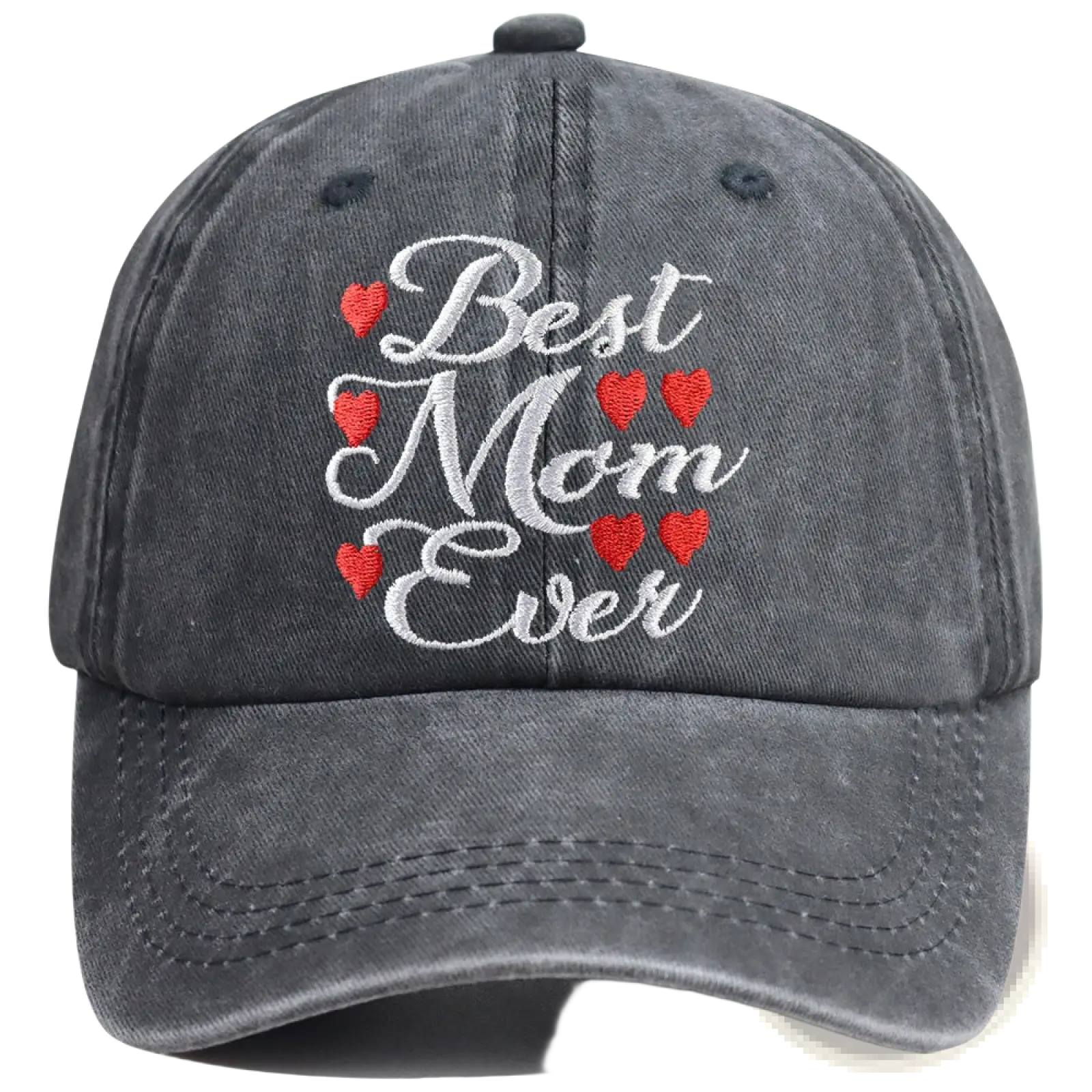 Dark gray distressed denim baseball cap embroidered with best mom ever in white script and red hearts