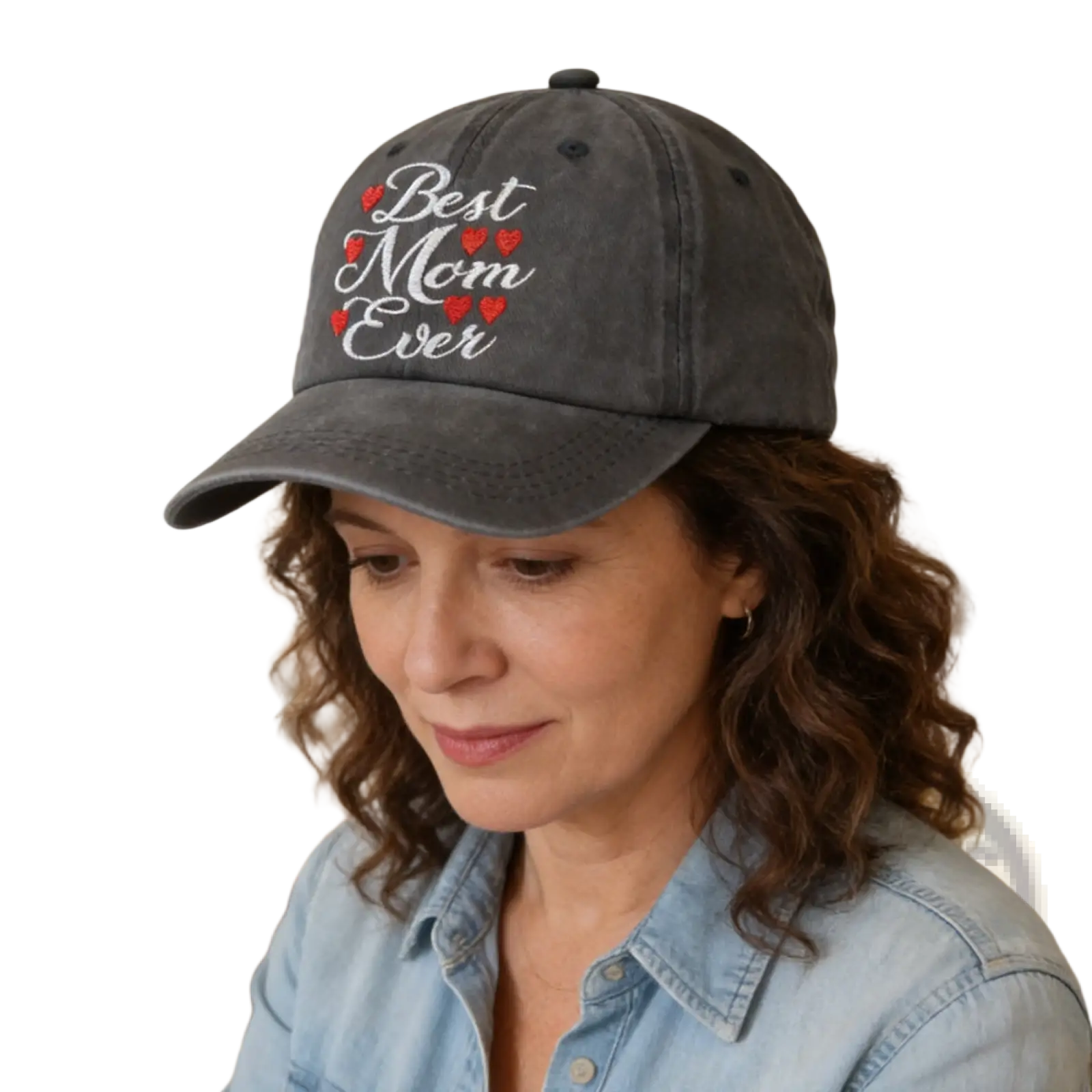 Dark gray distressed denim baseball cap embroidered with best mom ever in white script surrounded by red hearts