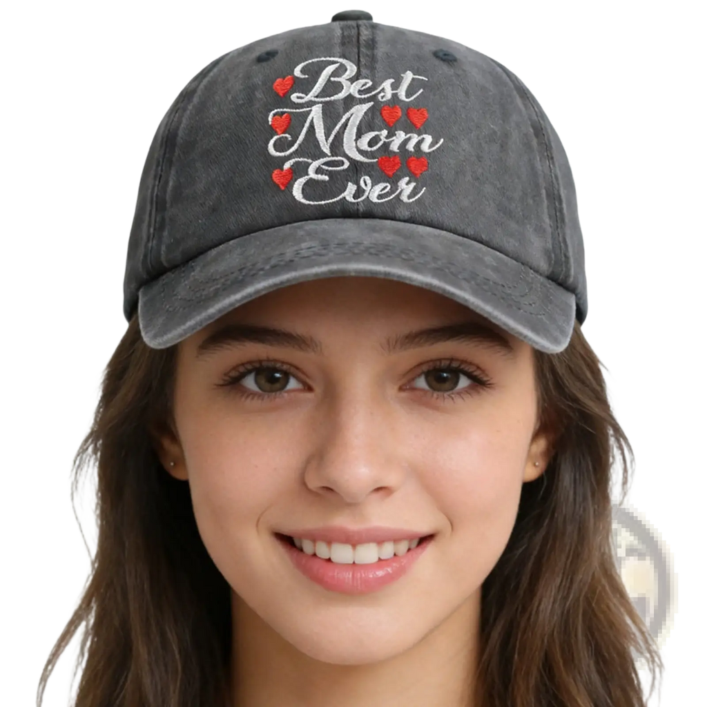 A dark gray distressed denim baseball cap embroidered with best mom ever text and red hearts design
