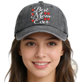 A dark gray distressed denim baseball cap embroidered with best mom ever text and red hearts design