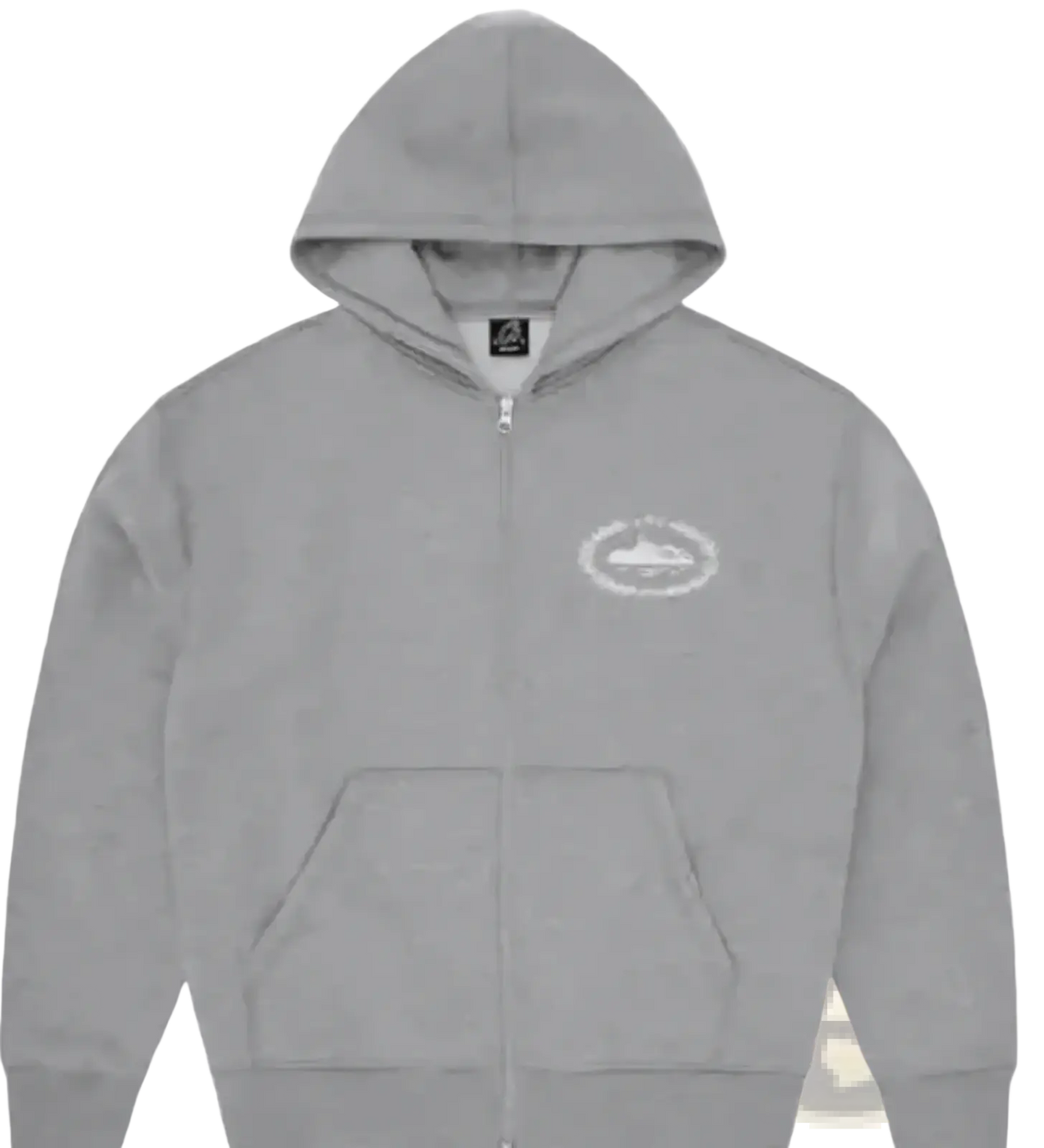 Betawoo men fleece zip up hoodie in gray with white embroidered logo and black tag at the collar