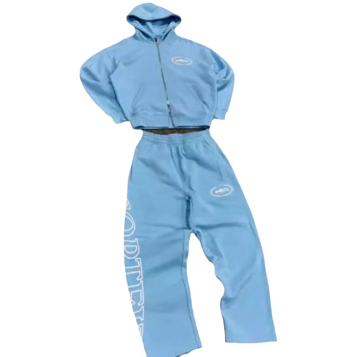 Betawoo men fleece zip up hoodie light blue cropped with matching sweatpants and white lettering on the leg
