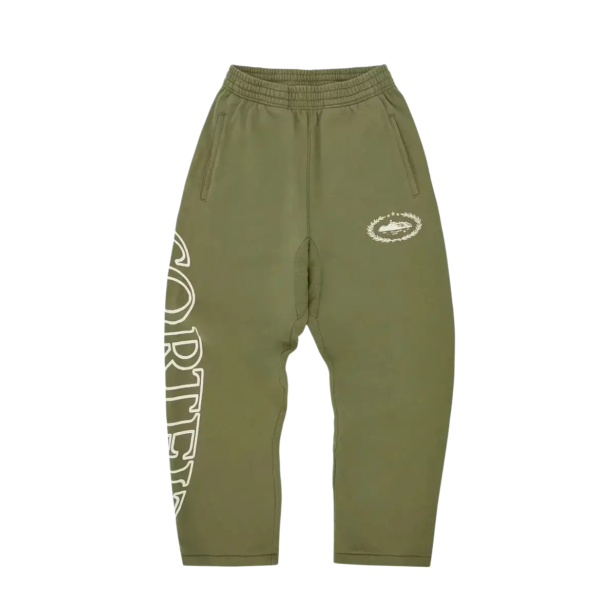 Olive green fleece sweatpants with white vertical lettering and embroidered logo from betawoo men fleece zip up hoodie set